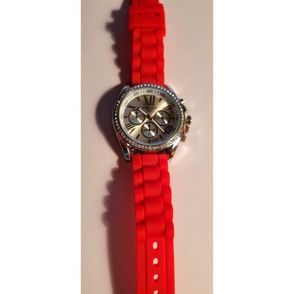 STRADA GENOA Women's Rhinestone Accent Watch RED Silicone Strap Chronograph - Picture 2 of 8
